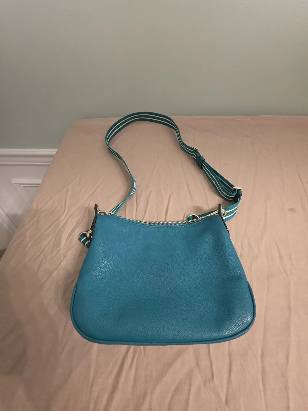 kate spade Emerald Green Leather Crossbody with Striped Strap